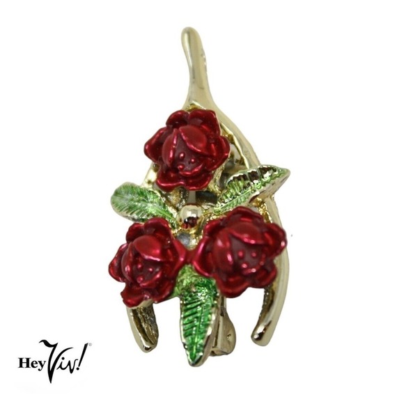 Vintage Signed Gerrys Scatter Pin Goldtone Wishbone w Red Roses 1.25" - Hey Viv - Picture 1 of 6
